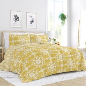 Twin Size 2 Piece Yellow Reversible Daisy Medallion Striped Comforter Set