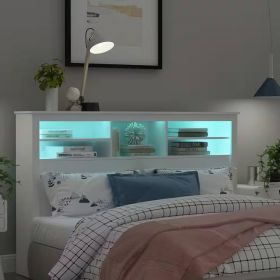 Full / Queen Modern Bookcase Headboard with LED Lights in White Wood Finish