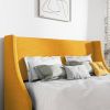 King Size Upholstered Linen Blend Headboard Wingback Platform Bed in Yellow