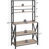 Modern Black Metal Grey Wood Bakers Rack Microwave Stand Kitchen Shelving Unit