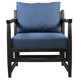 Malibu 27 Inch Handcrafted Mango Wood Accent Chair, Fabric, Pillow Back, Open Frame, Blue, Black