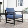 Malibu 27 Inch Handcrafted Mango Wood Accent Chair, Fabric, Pillow Back, Open Frame, Blue, Black