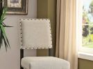 Rustic Charm Ivory Linen Like Fabric 2pcs Counter Height Bar Chairs Kitchen Furniture Nailhead Trim Antique Black Bold Distressed Details Wood