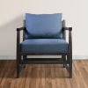 Malibu 27 Inch Handcrafted Mango Wood Accent Chair, Fabric, Pillow Back, Open Frame, Blue, Black